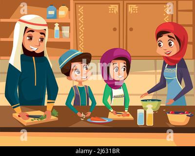 Arab Familie Kochen zusammen an Küche Vektor Cartoon flache Illustration. Muslimische Familie von Vater und Mutter mit Tochter und Sohn Kinder vorbereiten Stock Vektor