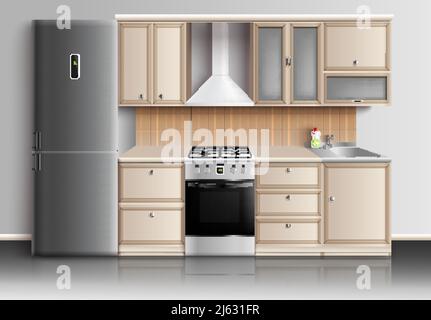 Küchenmöbel realistische Inneneinrichtung mit geschlossenen Küchenschränke Kühlschrank Spüle und Gasherd mit Reflexionen Vektor Illustration Stock Vektor