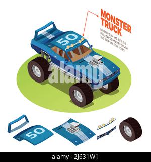 Monster Truck Modell 4WD vier Läufer Range Rover Off-Road-Fahrzeug Kit isometrisches Paket Bild Werbung Vektor Illustration Stock Vektor