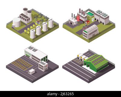 Ländliche und städtische Fabrik Industriegebäude 2x2 isometrische Zusammensetzung Set Isoliert auf weißem Hintergrund 3D Vektorgrafik Stock Vektor