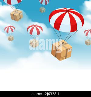 Fallschirm Box Lieferung Hintergrund mit Himmel Wolken und Fallschirmspringen Paket Mit dieser Seite nach oben fragile Zeichen Vektor Illustration Stock Vektor