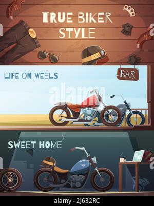 Set von drei horizontalen Fahrer Banner mit Biker tragen und Motorrad-Bilder in Garage und im Freien Vektor-Illustration Stock Vektor