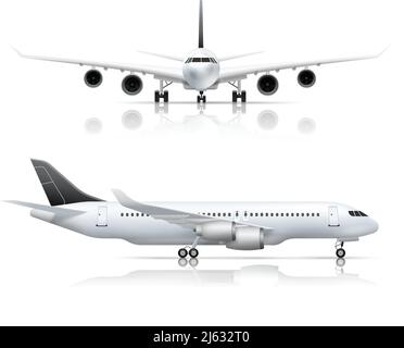 Große Passagier Jet Airliner Vorder-und Seitenflugzeug Ansicht realistisch Weiße Hintergrundreflexion als isolierte Vektorgrafik festlegen Stock Vektor