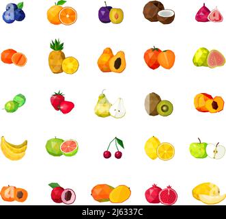 Frische tropische Früchte Beeren und Kokosnuss polygonalen Ikonen Kollektion mit Heidelbeere Feigen Kiwi Mango isoliert Vektor Illustration Stock Vektor