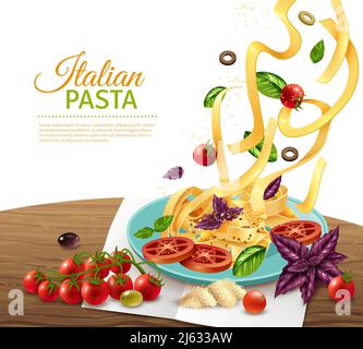 Italienische fettuccine Pasta mit Tomaten Oliven und Kräuter realistisches Konzept Vektordarstellung des Posters Stock Vektor