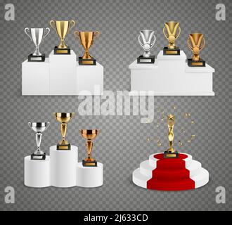 Set von Trophäen einschließlich Tassen und Figur auf Sockeln realistisch Design auf transparentem Hintergrund isolierte Vektor-Illustration Stock Vektor