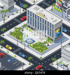 Fragment der Stadt Draufsicht mit Straßen Luxus-Hotelgebäude Und Parkplatz isometrischen Vektor-Illustration Stock Vektor