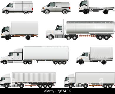 Set von realistischen weißen Lastkraftwagen einschließlich schwere Lastwagen mit verschiedenen Anhängern, Lastwagen, Transporter isoliert Vektor-Illustration Stock Vektor