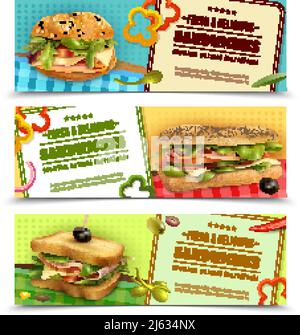 Gesunde Vollkornsandwiches mit natürlichen frischen Zutaten 3 horizontal werbebanner setzen realistische isolierte Vektordarstellung Stock Vektor