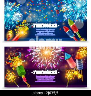 Zwei festliche Feuerwerkskörper horizontale Banner mit Text Feuerwerkskörper Raketen gesetzt Und indischen Lichtern Wunderkerzen isoliert Vektor-Illustration Stock Vektor