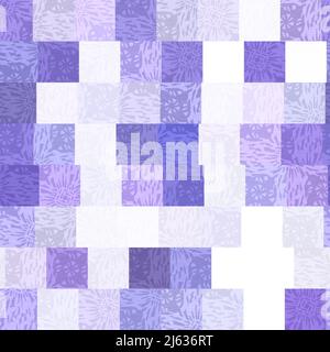 Zufällige Patchwork lila Mosaik Pixel Raster nahtlose Muster. Moderne geometrische quadratische Form Fliesen Trend Textur. Farbe des Jahres 2022 geriert Stockfoto