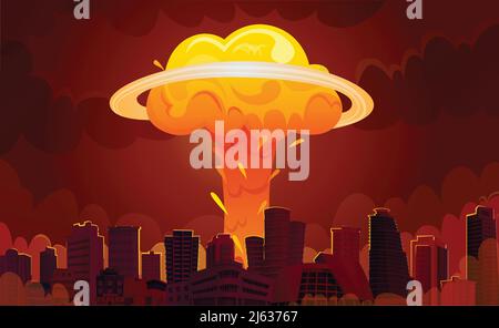Downtown City Center Wolkenkratzer mit leuchtend orange feurige nukleare Explosion Pilz Wolken Retro Cartoon Poster Vektor Illustration Stock Vektor