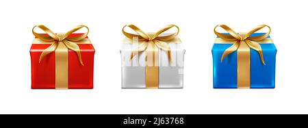 Realistischer Vektorsatz von Symbolen. Feier Geschenk-Boxen in rot, weiß und blau mit goldenem Band und Schleifen. Stock Vektor