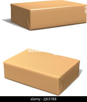 Realistisches Vektorsymbol gesetzt. Stellen Sie braune rechteckige Kartons aus Pappe in die Seiten- und Draufsicht. Isoliert auf weißem Hintergrund. Stock Vektor