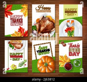 Sechs farbige und realistische türkei Thanksgiving Tag Banner Set mit Glücklich Dank Geben und Dank Geben Tag Schlagzeilen Vektor Illustration Stock Vektor