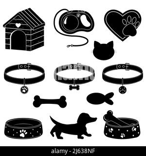 Set aus Kabine, Schale, Kragen und Leine für Hund und Katze, isolierte Vektorgrafik Symbole. Stock Vektor