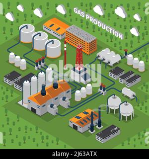 Gas-Produktion isometrische Zusammensetzung mit industriellen Anlagen einschließlich Gebäude, Station, Rauchestacks, Pipeline, Tanks für Speicher Vektor illustraa Stock Vektor