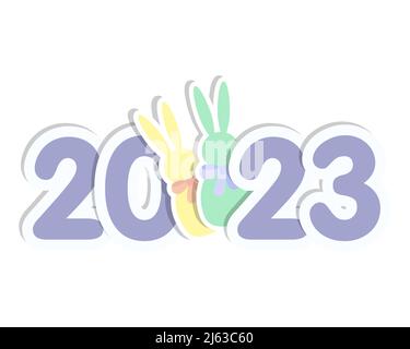 Neujahrssticker 2023 mit Zahlen und Kaninchen, isoliert, weißer Hintergrund. Vektorgrafik Stock Vektor