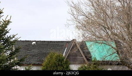 Wohndach, das dringend repariert oder ersetzt werden muss, mit abblätternden Schindeln und Tarp Stockfoto