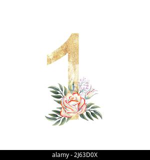Goldene Zahl 1 mit einem Strauß rosa Rosen auf weißem, isoliertem Hintergrund. Handgezeichnete Aquarellillustration Stockfoto
