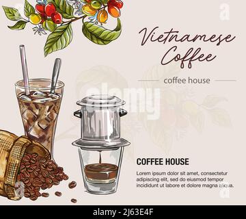 Kaffeetassen mit vietnamesischem Kaffeetropfen. vektorgrafik. Grafische Stilelemente: Etikett, Postkarte, Aufkleber, Menü, Verpackung. Stock Vektor