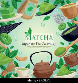 Japanische Tee Zeremonie quadratischen Rahmen Hintergrund Poster mit grünen Matcha Pulver Schneebesen Teekanne Tassen Dessert Vektor Illustration Stock Vektor