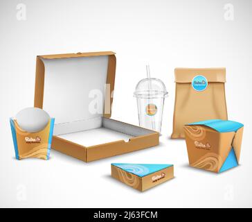 Fast Food Verpackung Corporate Identity realistische Vorlagen Set moderne beige Und leuchtend blau türkis Farben Vektor Illustration Stock Vektor