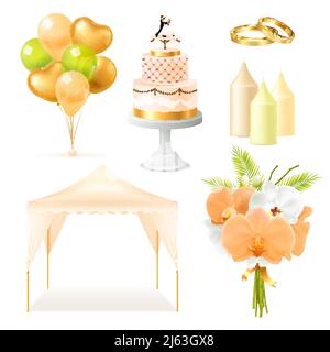 Hochzeit Elemente realistische Set mit Outdoor-Zelt, Kuchen, Kerzen, Ringe, Blumenstrauß, Isolierte Vektordarstellung für Ballons Stock Vektor