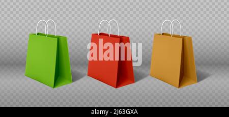 Realistisches Vektorsymbol gesetzt. Bunte Verkauf Papiertaschen. Kartonbeutel rot, grün und braun mit Griffen. Stock Vektor