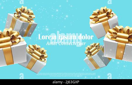 Realitätsrealer Vektorhintergrund. Weiße Geschenkschachteln mit goldenen Bändern und Schleifen, präsentiert Banner Adverticement Flyer-Vorlage. Blaue Wand mit Funkeln. Stock Vektor