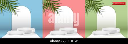 Realistischer Vektorhintergrund. Produktdisplay weißes Podium, kosmetische Produktvitrine mit tropischen Blättern. Pastellfarben grün, blau, pink. Stock Vektor