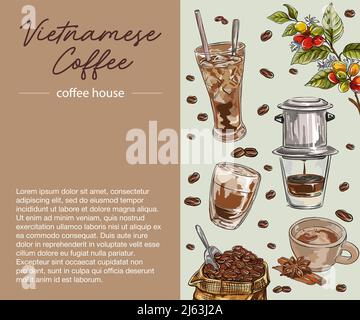 Handgezeichnet von Kaffeebohnen, Kaffeetassen mit vietnamesischem Kaffeetropfen. vektorgrafik. Grafische Stilelemente: Postkarte, Etikett, Aufkleber, Menü, Pac Stock Vektor