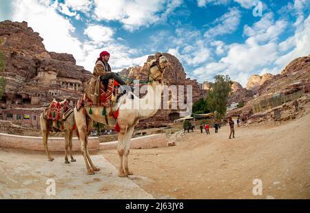 Beduinen auf Kamelen warten auf Touristen in Petra Jordanien 19. Februar 2020 Stockfoto