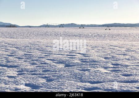 Schneemuster, die durch den Wind verursacht werden, der über ein Farmfeld weht, wobei die landwirtschaftlichen Geräte im Hintergrund außer Fokus stehen. Der Schnee wird Wasser liefern Stockfoto