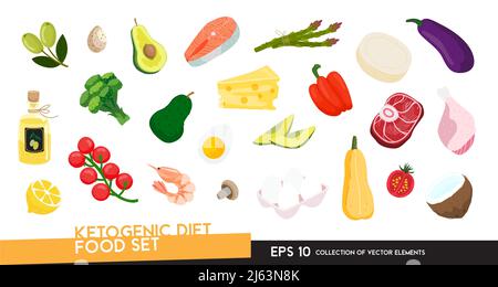 Keto-Lebensmittel-Set. Ketogene Diät-Grundprodukte in flacher Cartoon-Stil auf weißem Hintergrund isoliert. Sammlung von Vektorgrafiken von Keto-Diät-Lebensmitteln Stock Vektor