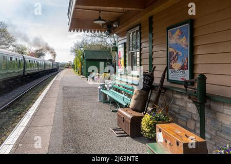 Harmans Cross Station auf der Swanage Railway mit einem Dampfzug, Dorset, England, Großbritannien Stockfoto