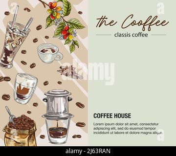 Handgezeichnet von Kaffeebohnen, Kaffeetassen mit vietnamesischem Kaffeetropfen. vektorgrafik. Aufkleber, Grafikelemente: Etikett, Postkarte, Menü, Packung Stock Vektor