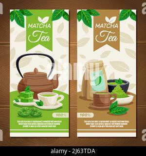 Japanische Teezeremonie 2 vertikale Banner mit grüner Matcha Puder Dessert und Teekanne isoliert Vektor-Illustration Stock Vektor