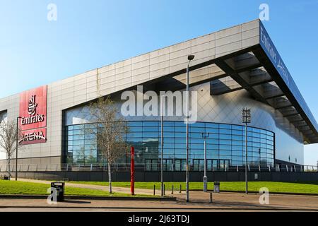 Emirates Arena-Sportstadion, auch bekannt als Sir Chris Hoy Velodrome, Glasgow, Schottland, Großbritannien Stockfoto