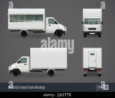 Food Trucks realistische Anzeige Vorlage Mockup Satz von isolierten kommerziellen Bilder der Fahrzeugseite ohne Branding-Vektorgrafik Stock Vektor