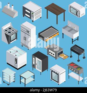 Professionelle Küchenmöbel Geräte mit Mikrowelle Grill Kühlschrank Bereich Herd isometrische Symbole Sammlung isoliert Vektor illustraa Stock Vektor