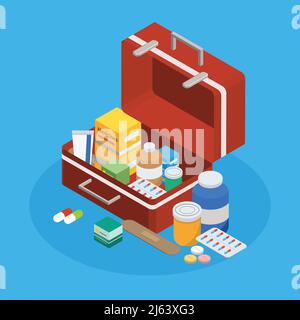 Pharmazeutische Produktion Medizin Pakete Pillen Tabletten Mischung Tränke Kapseln Proben Im offenen Koffer isometrische Hintergrund Vektor-Illustration Stock Vektor