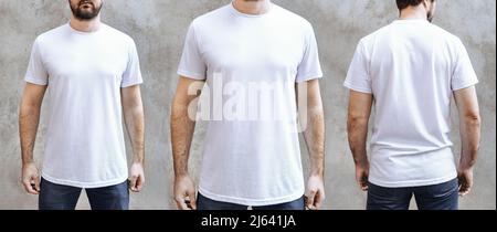 Junger Mann mit Bart in leerem White Casual T-Shirt. Vorderansicht, Nahaufnahme und Rückansicht auf einer hellgrauen Betonwand. Design und Layout des Herren-T-Shirts zum Bedrucken. Stockfoto