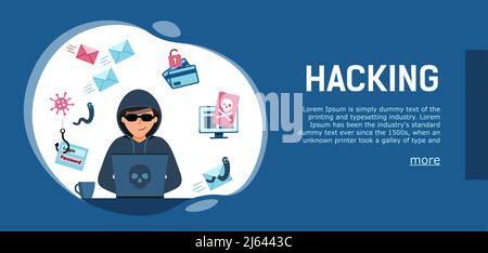 Banner-Hacking Cyber-Angriff. Hacker am Computer, der persönliche Informationen raubt, Stock Vektor