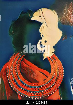 Schwarze Schaufensterpuppe, in rot über der Schulterfolie, mit schwarzen und weißen Haaren. Trägt eine Perlen Maasai Halskette auf blauem Hintergrund. Stockfoto