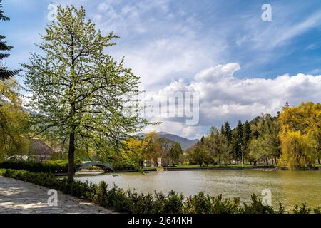 Dilijan, Armenien - 26. April 2022 - Wanderweg entlang des kleinen Sees in Dilijan, Armenien an einem schönen Frühlingstag Stockfoto