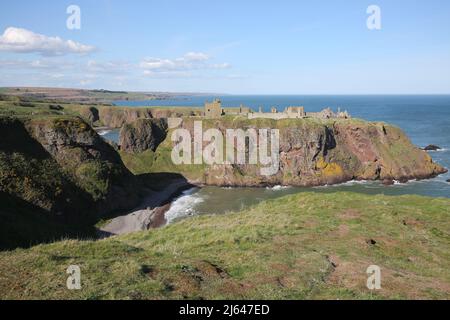 Dunnottar Castle,Stonehaven, Aberdeenshire, Schottland, Vereinigtes Königreich. Eine zerstörte mittelalterliche Festung auf einer felsigen Landzunge an der Nordostküste Schottlands, etwa 2 Meilen südlich von Stonehaven. Die erhaltenen Gebäude stammen größtenteils aus dem 15.. Und 16.. Jahrhundert, aber es wird angenommen, dass die Stätte im frühen Mittelalter befestigt wurde. Auf einem 160 Meter hohen Felsen gelegen und auf drei Seiten von der Nordsee umgeben, waren diese dramatischen und eindrucksvollen Ruinen auf einer Klippe einst eine uneinnehmbare Festung des Earls Marischal, einst eine der mächtigsten Familien Schottlands. Stockfoto