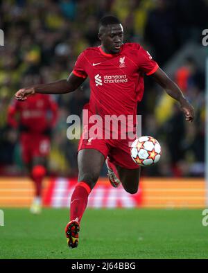 Liverpools Ibrahima Konate während des UEFA Champions League-Halbfinales, des ersten Beinabgleichs in Anfield, Liverpool. Bilddatum: Mittwoch, 27. April 2022. Stockfoto