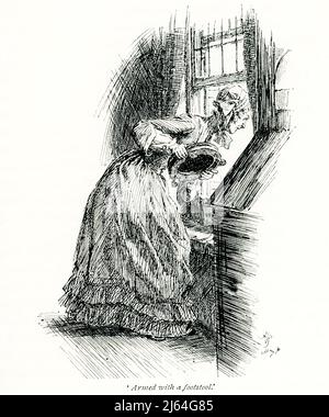 Die 1891 gesprochene Überschrift lautet: „Bewaffnet sich mit einem Fußhocker“ – gesprochen von Miss Matty. Sie ist aus dem Roman Cranford von Frau Gaskell entnommen und von Hugh Thomson illustriert. Elizabeth C. Gaskell (gestorben 1865), oft als Frau Gaskell bezeichnet, war eine englische Schriftstellerin, Biografin und Kurzgeschichtenautorin. Ihre Romane bieten ein detailliertes Porträt des Lebens vieler Schichten der viktorianischen Gesellschaft, einschließlich der sehr Armen. Ihr erster Roman, Mary Barton, erschien 1848. Gaskells The Life of Charlotte Brontë, veröffentlicht 1857, war die erste Biographie von Brontë. Zu Gaskells bekanntesten Romanen gehört Cranford (1851–5 Stockfoto