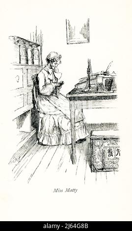Die Überschrift von 1891 lautet: „Miss Matty“. Sie ist aus dem Roman Cranford von Frau Gaskell entnommen und von Hugh Thomson illustriert. Elizabeth C. Gaskell (gestorben 1865), oft als Frau Gaskell bezeichnet, war eine englische Schriftstellerin, Biografin und Kurzgeschichtenautorin. Ihre Romane bieten ein detailliertes Porträt des Lebens vieler Schichten der viktorianischen Gesellschaft, einschließlich der sehr Armen. Ihr erster Roman, Mary Barton, erschien 1848. Gaskells The Life of Charlotte Brontë, veröffentlicht 1857, war die erste Biographie von Brontë. Zu Gaskells bekanntesten Romanen gehört Cranford (1851–53). Hugh Thomson (gestorben 1920) war ein Ire Stockfoto